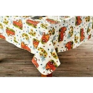 Harvest Red Trucks and Pumpkins Tablecloth 52 x 90-inch PEVA Fall Sunflowers NIP